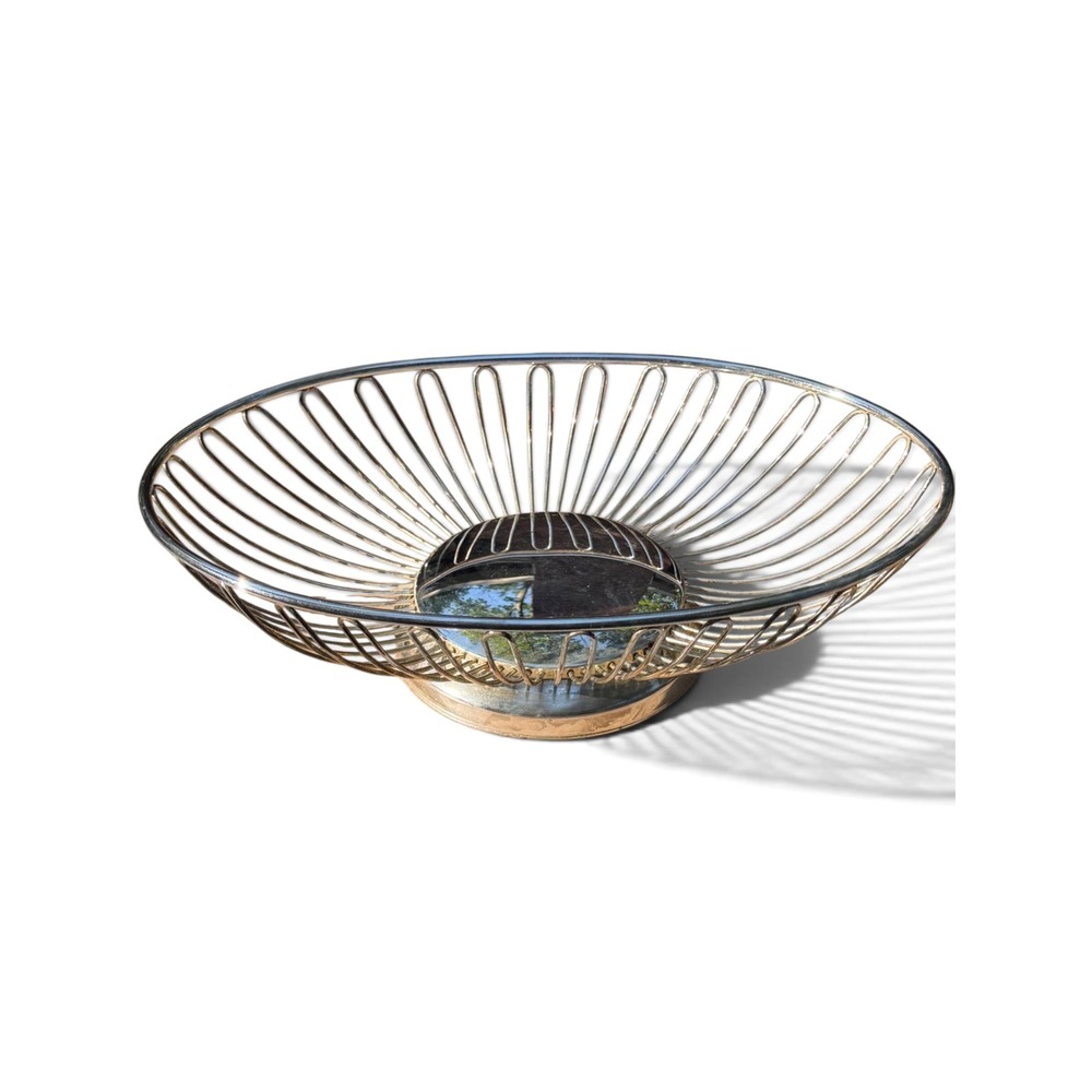 Vintage MCM Wire Fruit Bowl Atomic Silver Chrome Oval Centerpiece 12in